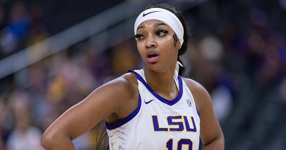 Angel Reese in an LSU uniform mid-game. 