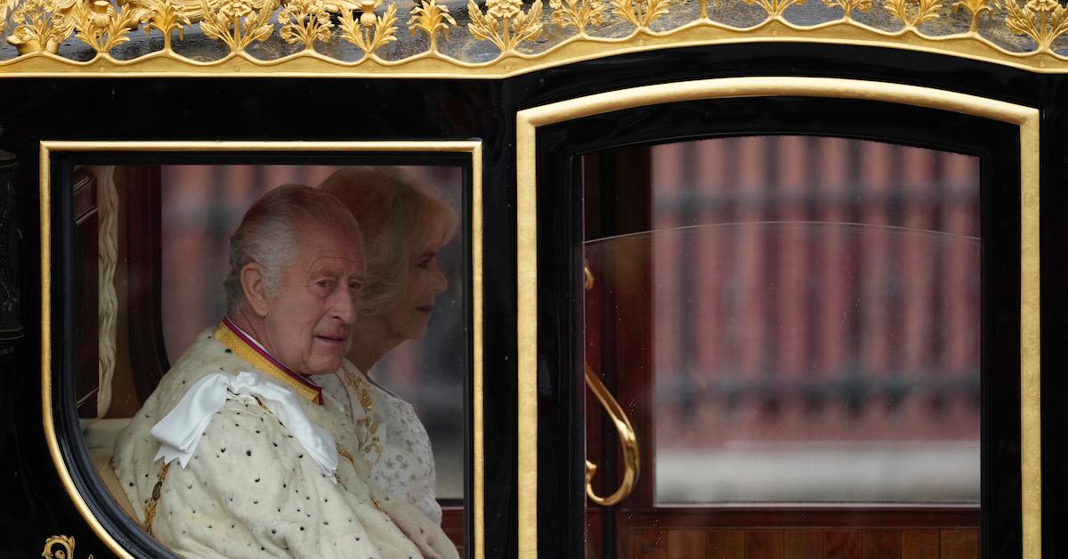 King Charles III and Queen Consort Camilla in carriage on coronation day on May 6, 2023 in London, England