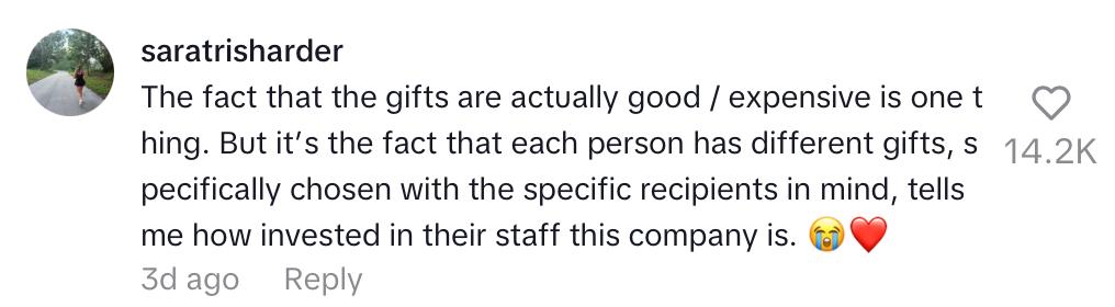 Comment on TikToker showing the super expensive gifts her boss bought for the whole office.