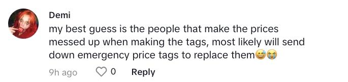 Commenter on TikTok says: "my best guess is the people that make the prices messed up when making the tags, most likely will send down emergency price tags to replace them."