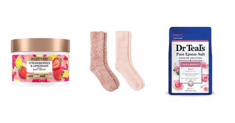 Body cream, fuzzy socks, epsom salt - Valentine's Day gift ideas for her