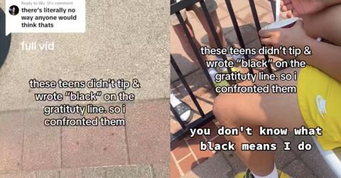 Teens wrote "black" on tip and server confronts them
