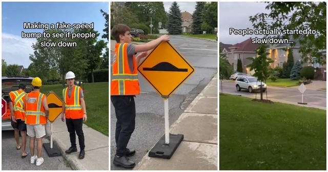 A man making a fake speed bump on a street