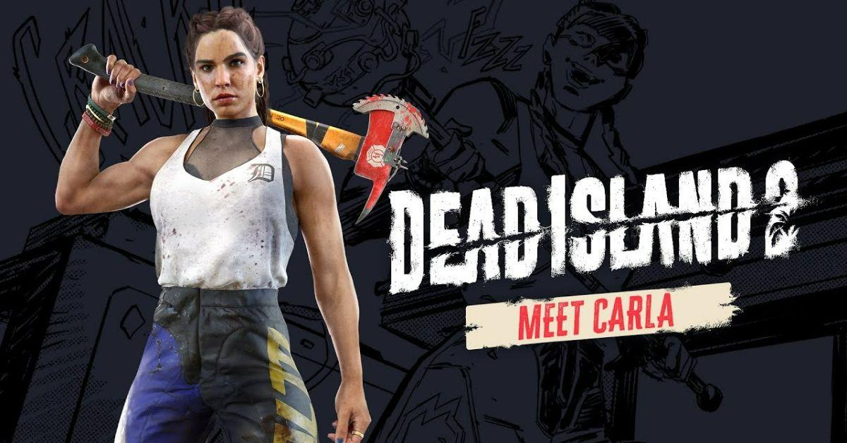 Carla from Dead Island 2 holding an axe and standing in front of a stylized black background.