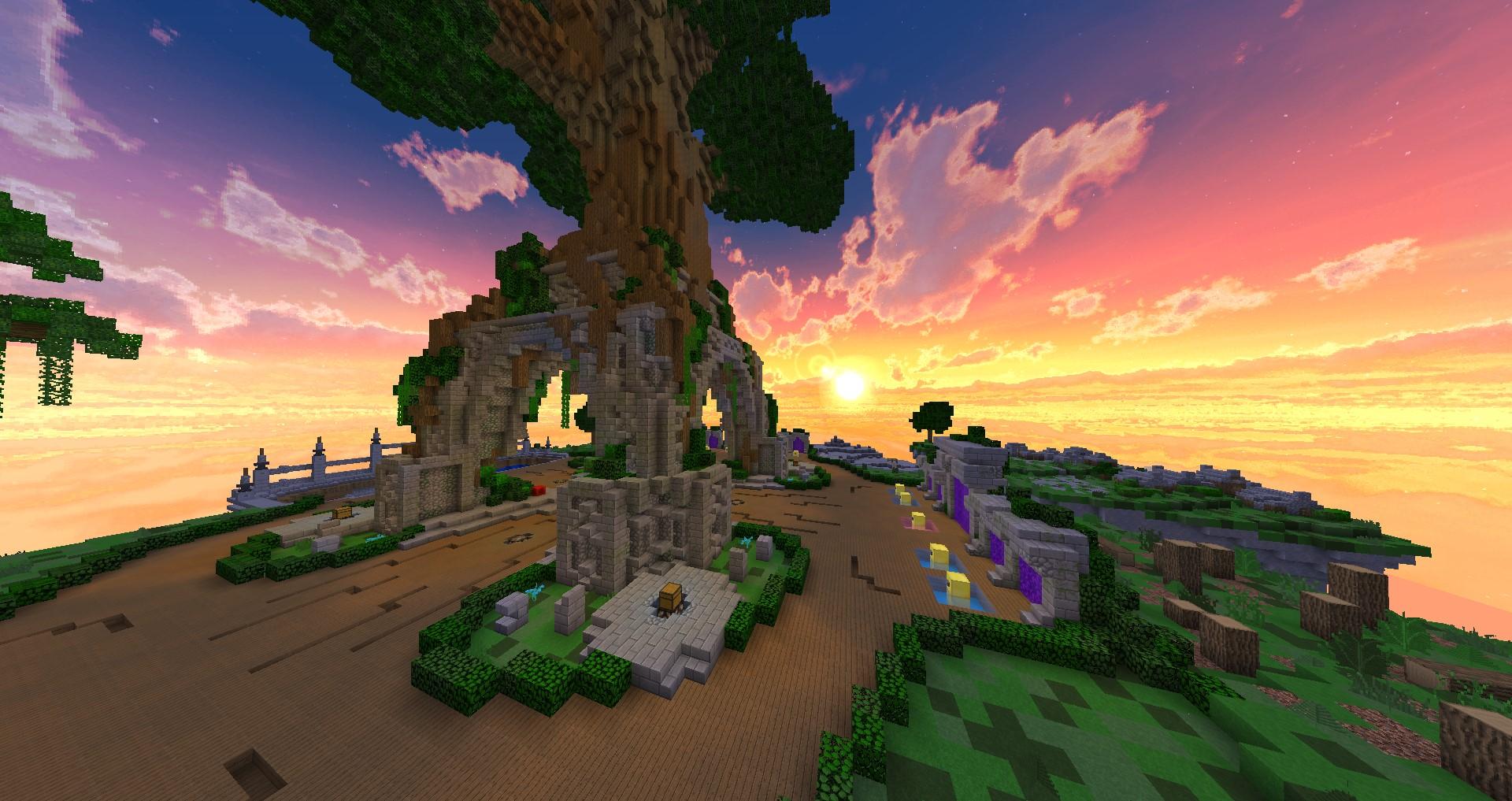 'Minecraft' Image of a massive tree standing nearby a cliff at sunset.