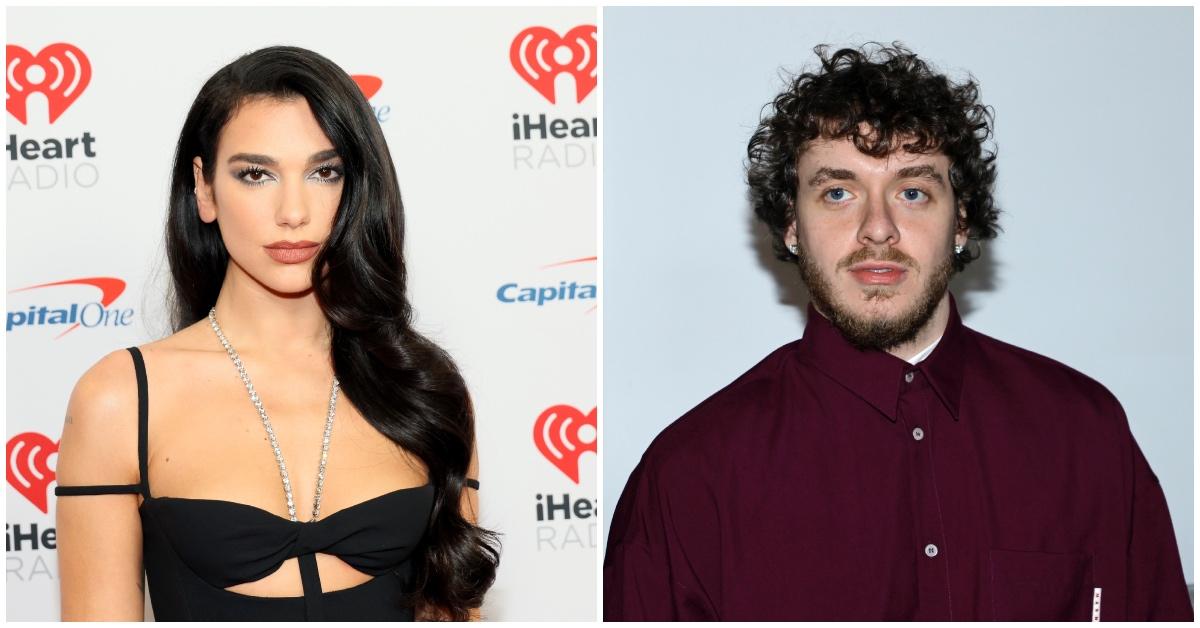 Dua Lipa in a black dress and Jack Harlow in a maroon button up shirt.