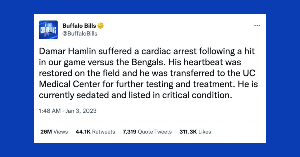 Damar Hamlin tweets for first time but still in 'critical