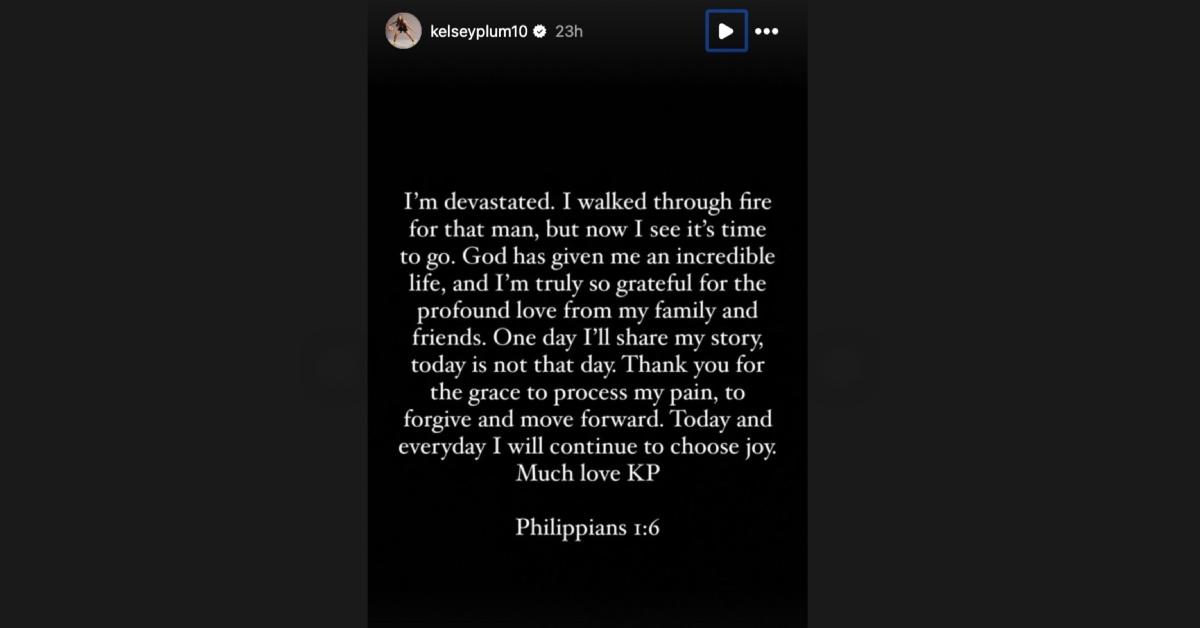 Kelsey Plum's heartbreaking message on Instagram Stories confirming her divorce from Darren.