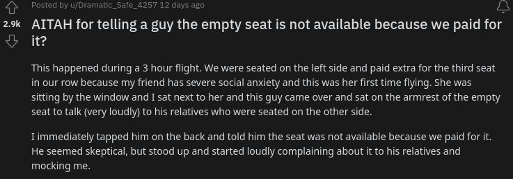 Comments on viral post about flier who was mocked for buying empty seat to keep empty.