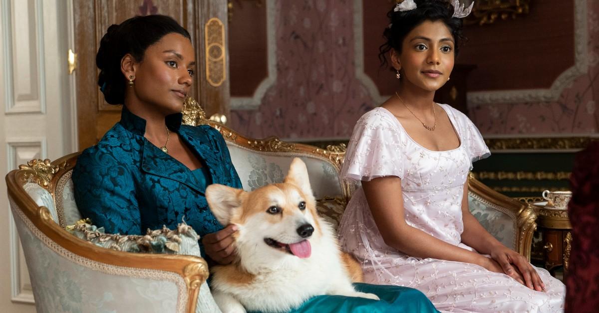 Kate Sharma (Simone Ashley), Newton the corgi (played by Austin the corgi), Edwina Sharma (Charithra Chandran)