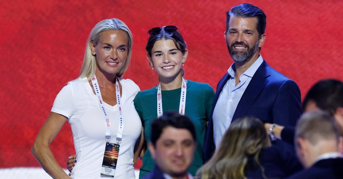 Vanessa Trump, Kai Trump and Donald Trump Jr., stand on stage before the start of the third day of the Republican National Convention at the Fiserv Forum on July 17, 2024 in Milwaukee, Wisconsin. 