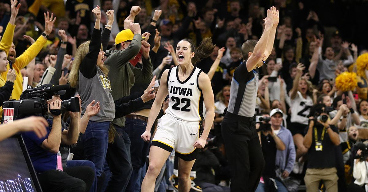 Caitlin Clark celebrating after a made three-point shot against LSU. 