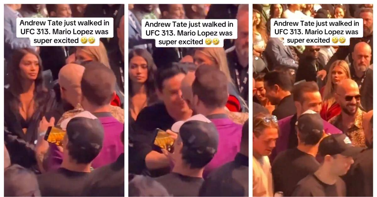 Mario Lopez hugs Andrew Tate at a UFC match