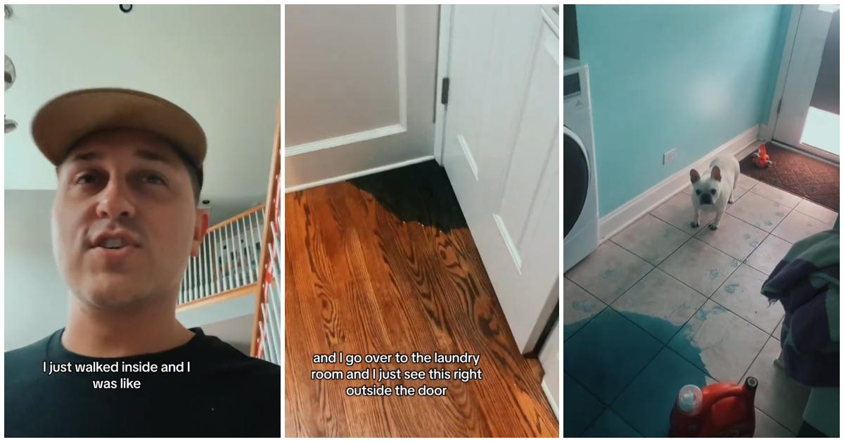 (l-r): A man looking at his laundry room covered in detergent