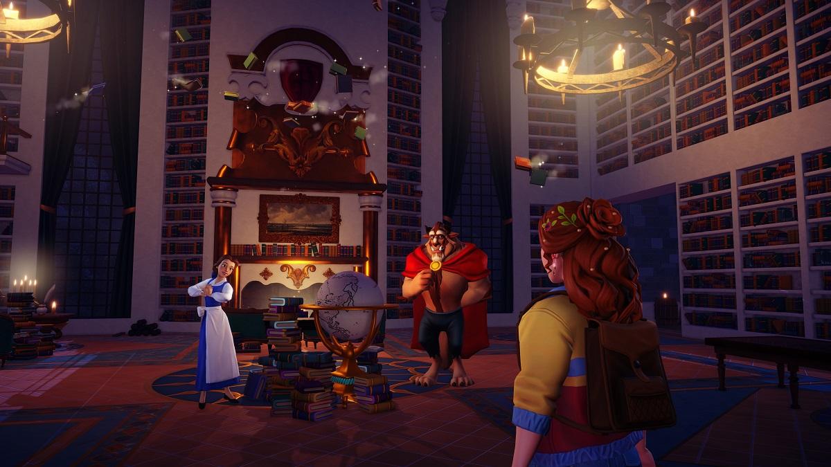 'Disney Dreamlight Valley' Screenshot of Beast and Belle inside their a study room.