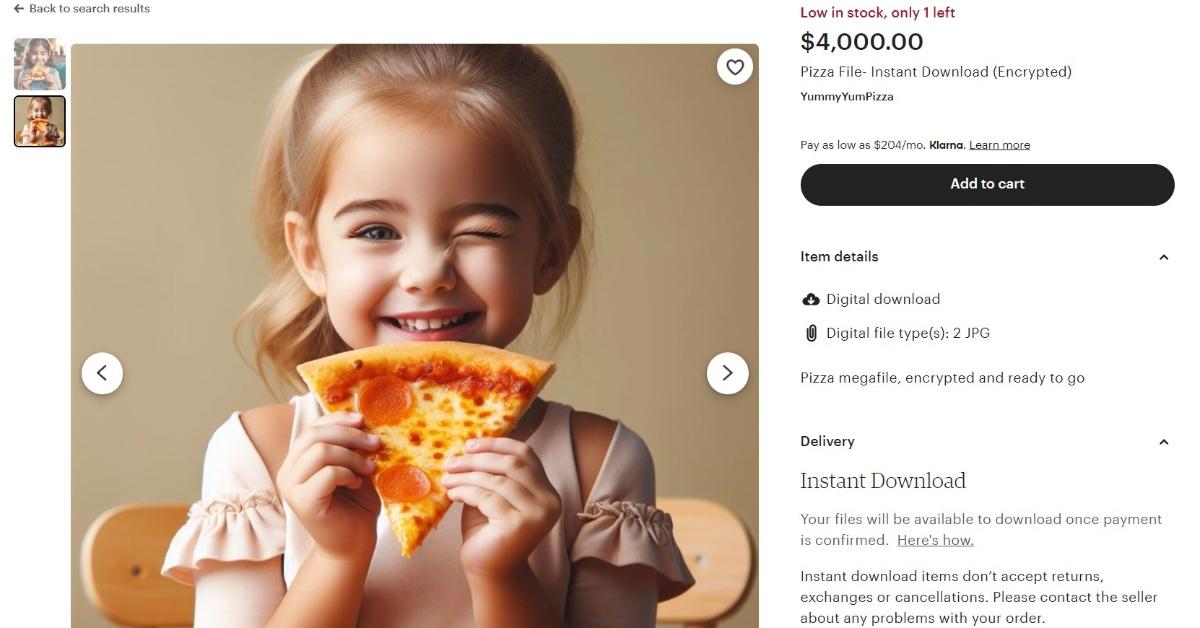 A picture of a young girl holding a piece of pizza is for sale for $4,000 on Etsy