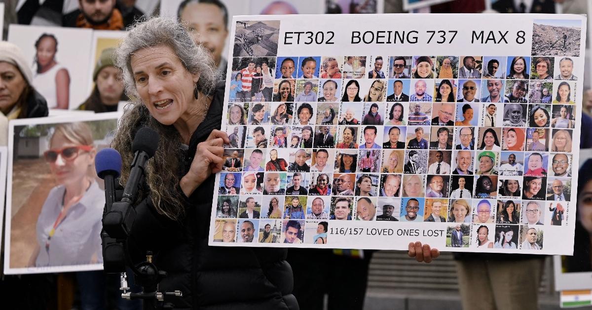 Nadia Milleron, whose daughter Samya Stuno died in the Boeing 737 MAX crash in Ethiopia on March 10, 2019, speaks during a memorial protest 