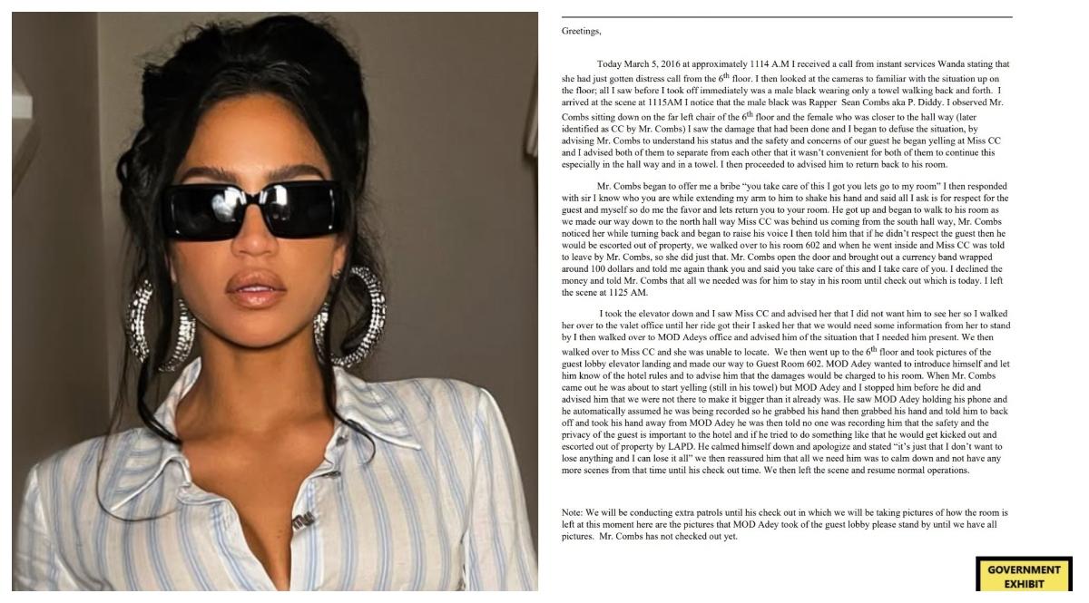 (L-R): Cassie Ventura; email sent by LA hotel security
