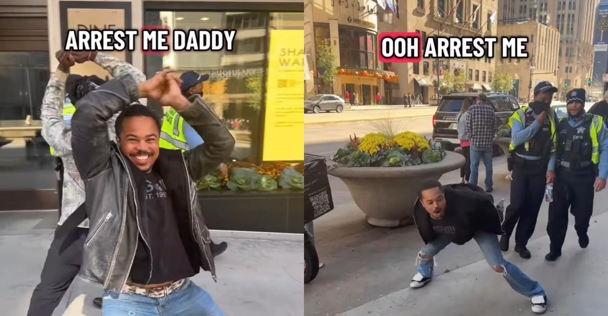 Adam dances in front of police officers in Chicago