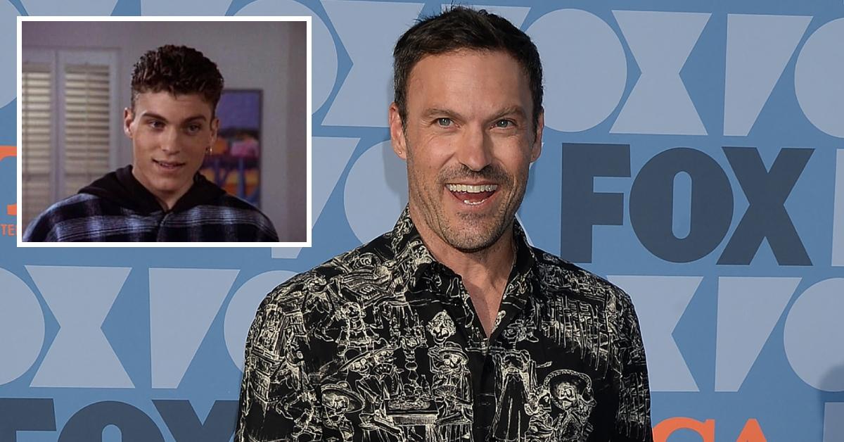 Brian Austin Green at a red carpet event and an old photo of him on 'BH90210'