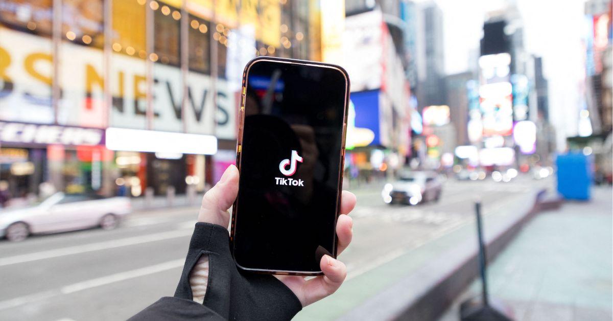 The TikTok logo on a phone screen in New York City. 