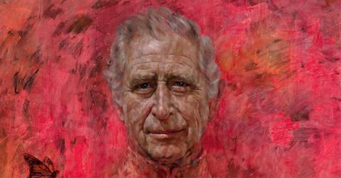 A closeup of King Charles' face in his portrait.