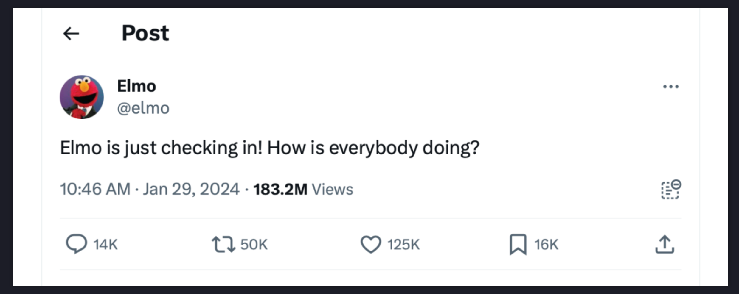 Elmo on Twitter tweets out to check in and ask how is everybody doing, goes viral