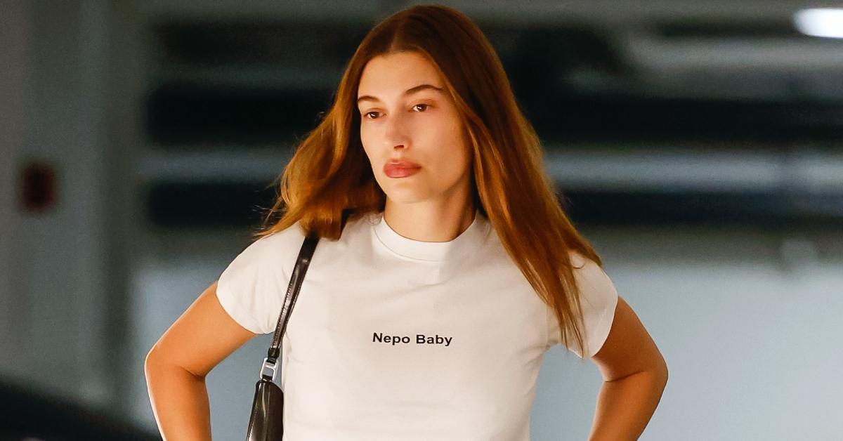 Hailey Bieber wearing a nepo baby t-shirt