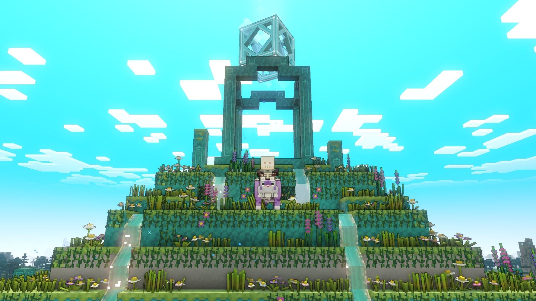 'Minecraft Legends' player on a mount in front of a portal gate.