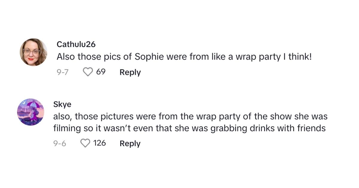 tiktok comments sophie turner partying photos