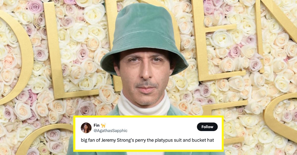 Jeremy Strong donned a mint green velvet suit and matching bucket hat to the 2025 Golden Globes.