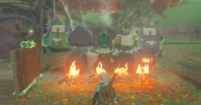 Five Koroks being rotated over an open fire by Zonai devices in 'Tears of the Kingdom'