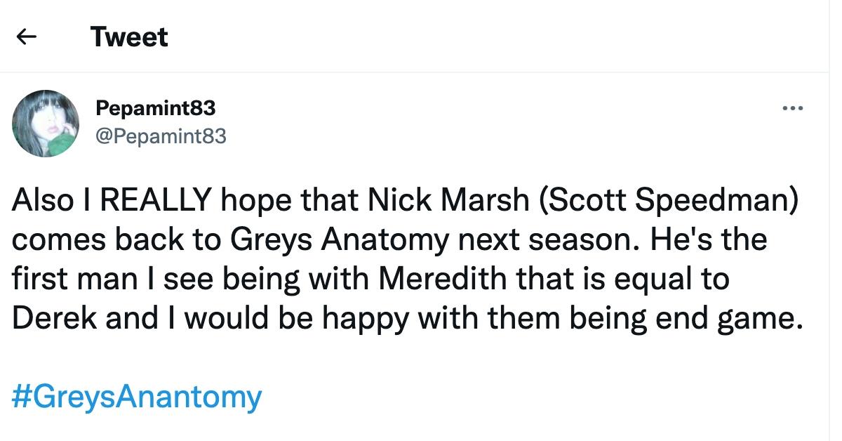 A tweet about Dr. Nick Marsh and Meredith Grey