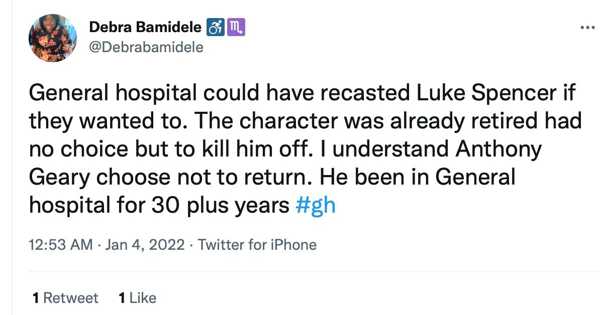 A tweet about Luke Spencer's rumored death on 'General Hospital' 