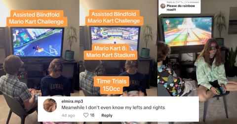 A brother and sister duo completing Mario Kart Stadium and Rainbow Road in 'Mario Kart 8' while blindfolded