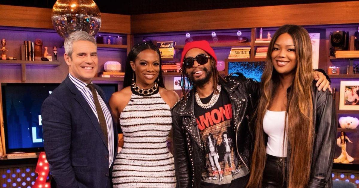 (l-r): Andy Cohen, Kandi Burruss, Lil Jon, and Riley Burruss on the set of 'Watch What Happens Live with Andy Cohen.'