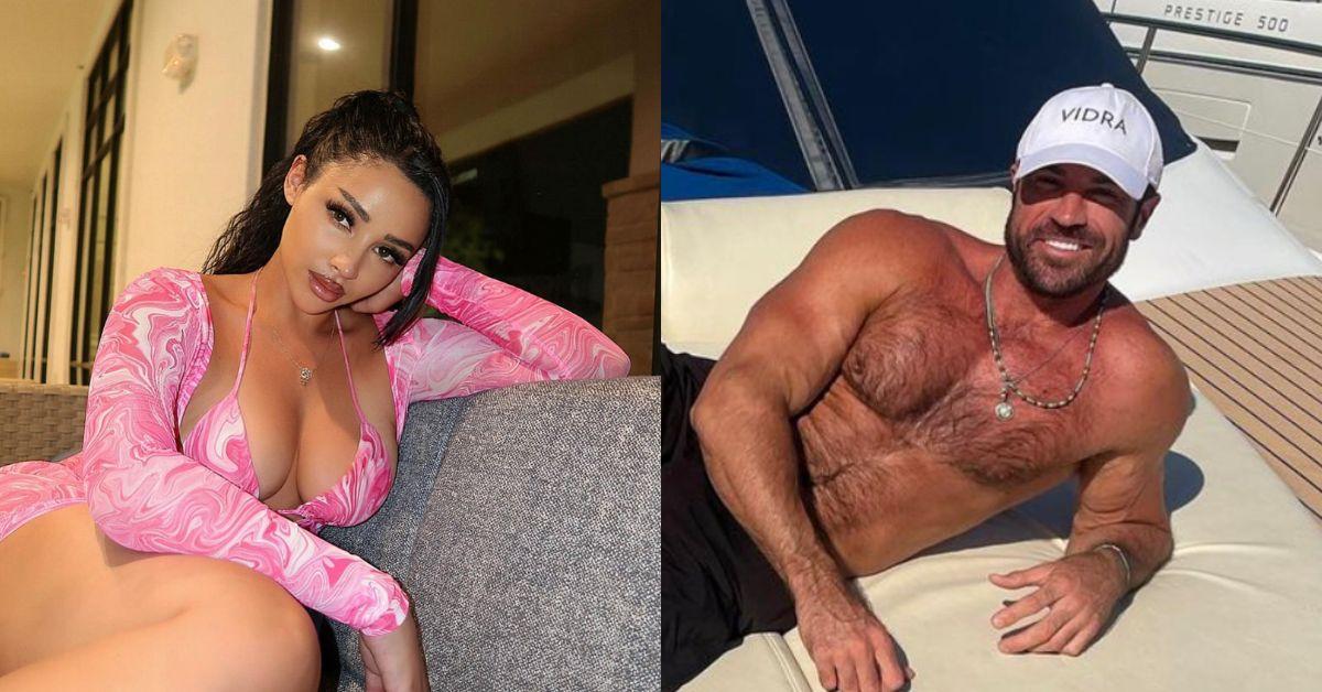 Sophie Sierra posing for a photo on a couch and Chad Johnson posing for a photo on a boat