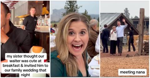 A woman describes how her sister asked a waiter to be her date at a wedding