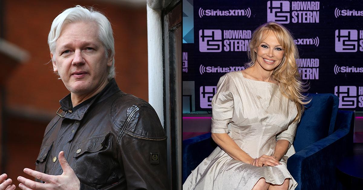 Julian Assange and Pamela Anderson in separate, side-by-side images. 