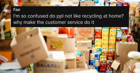 Screenshot under video of woman yelling about boxes at stores TikTok.