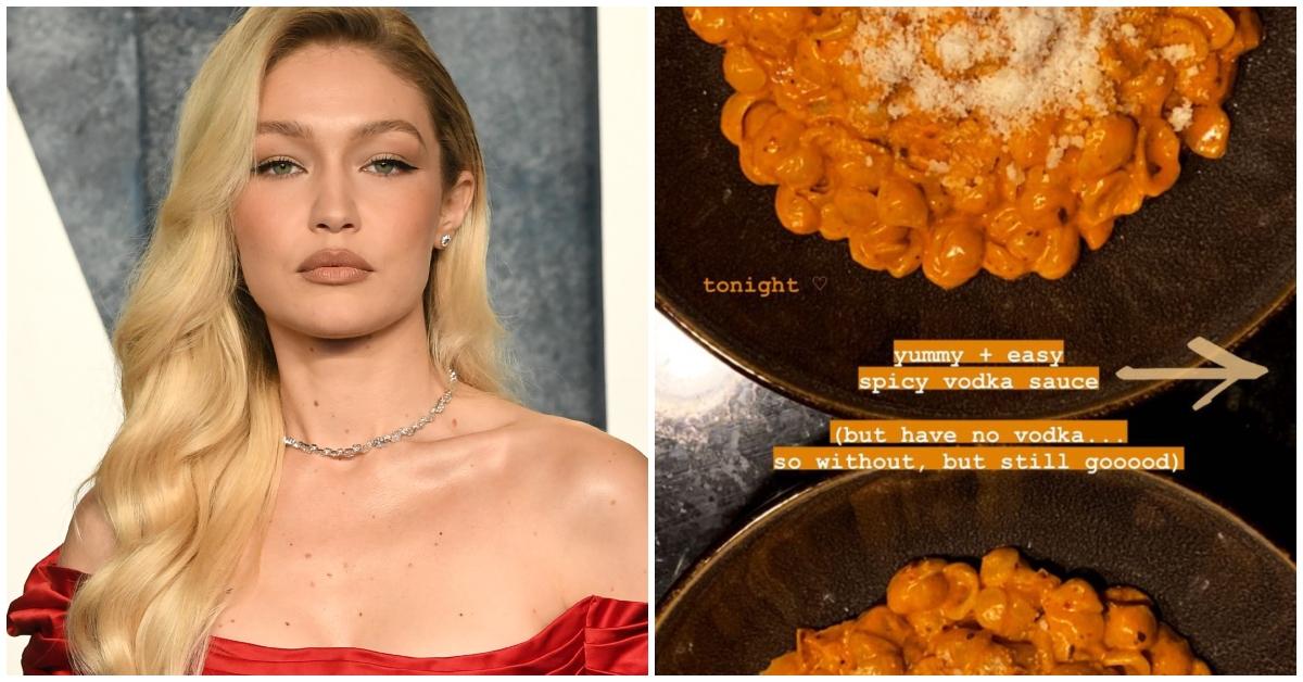 gigi hadid in a red dress, gigi hadid spicy vodka pasta