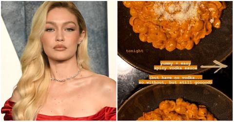 gigi hadid in a red dress, gigi hadid spicy vodka pasta