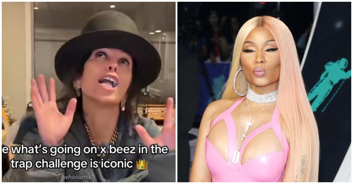 (l-r): Linda Perry on TikTok; Nicki Minaj at an event