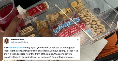 flight attendant takes kid's snack box without asking