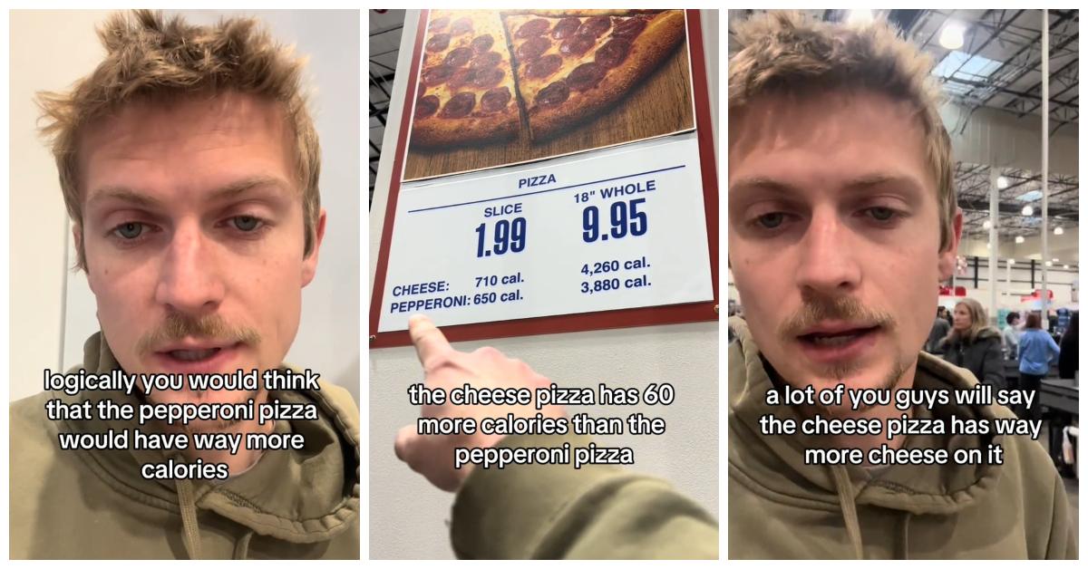 TikToker @sidemoneytom baffles Costco customers by revealing that the store's cheese pizza has more calories than the pepperoni pizza.