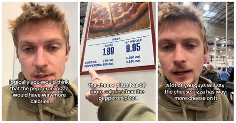 TikToker @sidemoneytom baffles Costco customers by revealing that the store's cheese pizza has more calories than the pepperoni pizza.