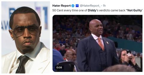 Diddy and a "not guilty" tweet about 50 Cent reacting to the verdict
