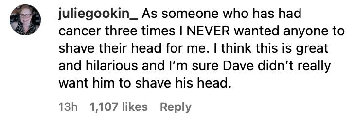 Instagram user's comment on John Stamos wearing a bald cap to support Dave Coulier.