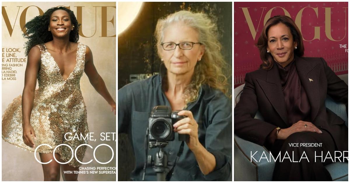 (l-r): Coco Gauff, Annie Leibovitz, and Kamala Harris 