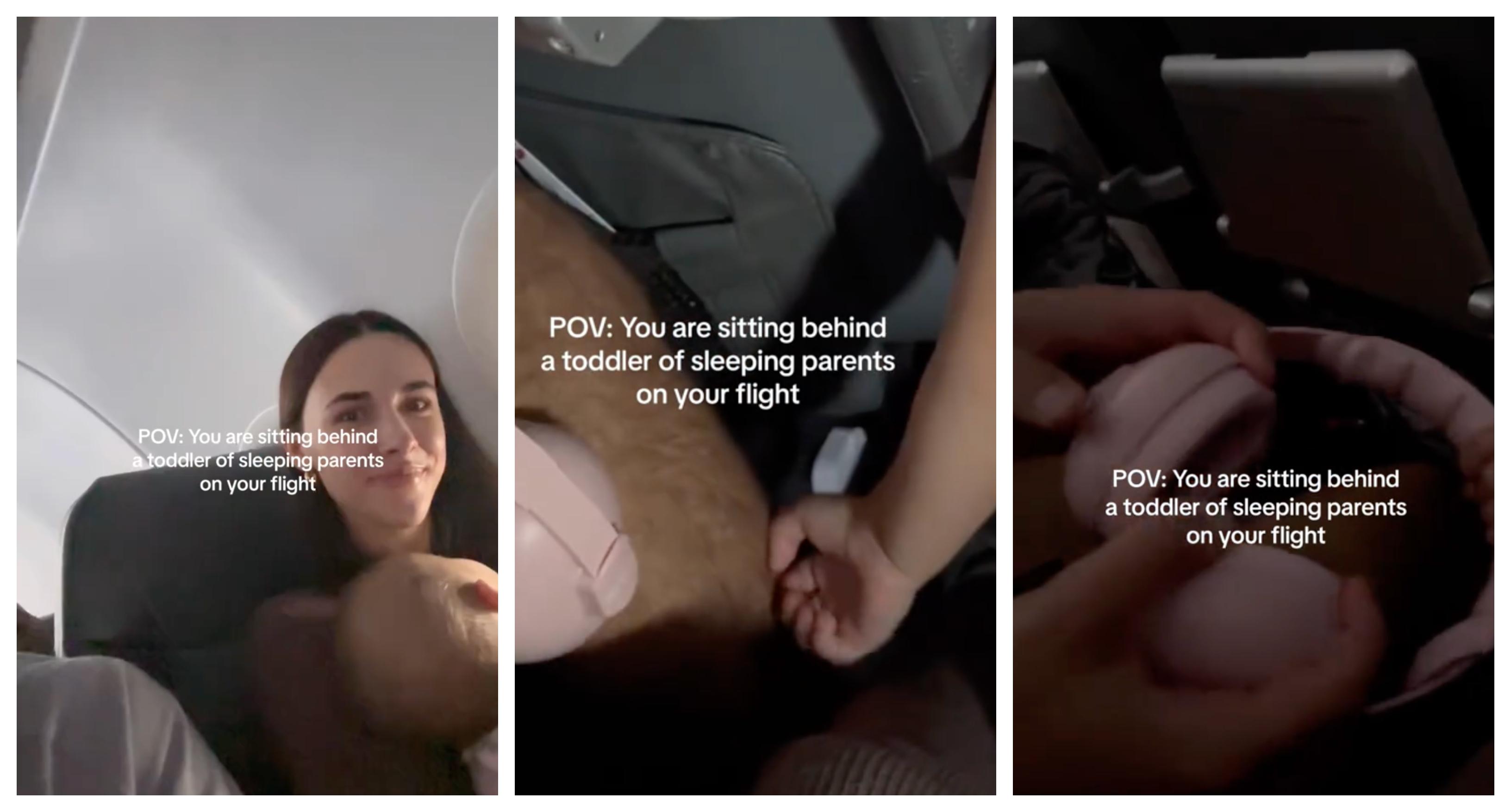 A woman and her boyfriend interact with a toddler on a plane